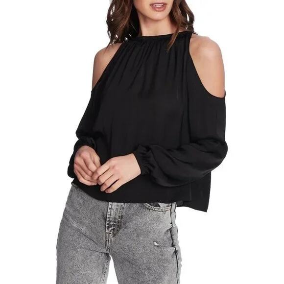 1.State | NWT Winter Garden Rich Black Cold Shoulder Lightweight Flowing Blouse - Picture 1 of 12